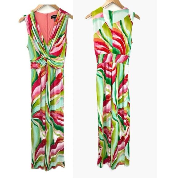 Jessica Howard Maxi Dress Sz 6 Green Pink Tropical Floral Front Knot V-Neck - Picture 2 of 11
